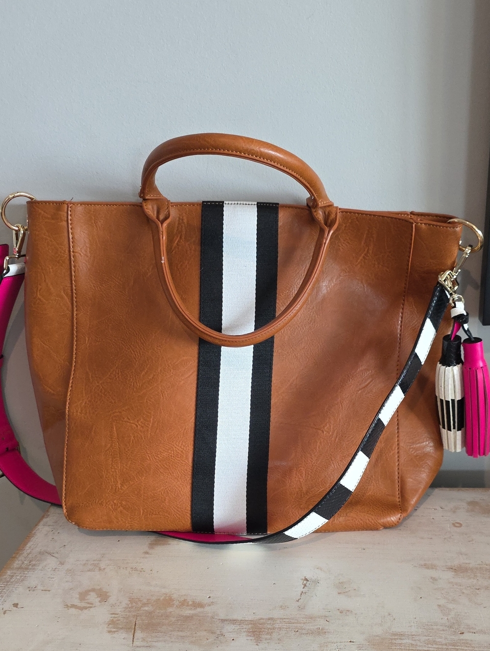 Tan Tote Bag with Black & White Stripe With Kate Spade Strap